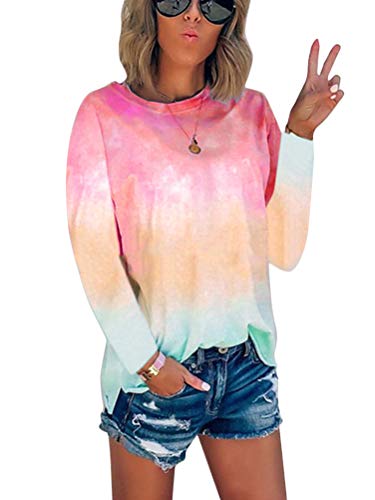 ORANDESIGNE Damen Langarm T-Shirt Casual Tie Dye Lose Langarmshirt Rundhals Beiläufig Farbverlauf Blusen Oberteile Top Oversize Pulli Tunika Sweatshirt Rosa L von ORANDESIGNE