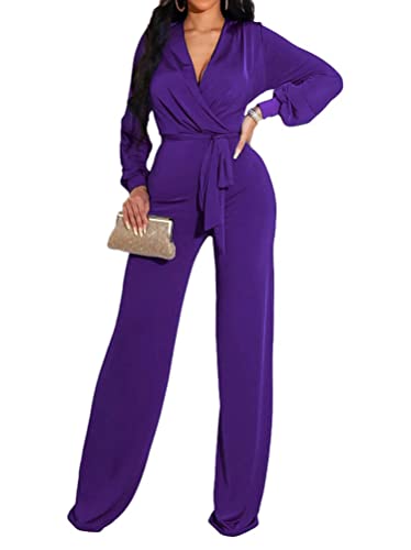 ORANDESIGNE Damen Langarm V-Ausschnitt Elegant Lang Jumpsuit Overall Hosenanzug Playsuit Romper Einfarbig Einteiler Ladies Jumpsuit Overall mit Gürtel Sexy Hosen B Violett M von ORANDESIGNE