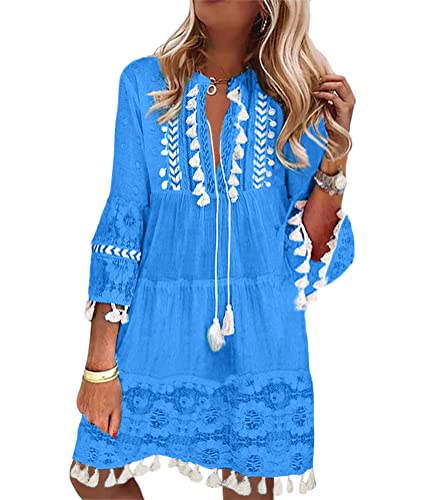 ORANDESIGNE Damen Langarm V-Ausschnitt Retro Sommer Spitzen Strandkleid Mini Kleider Boho Lose Sommerkleid Elegant Casual A-Linie Kleid A Blau S von ORANDESIGNE