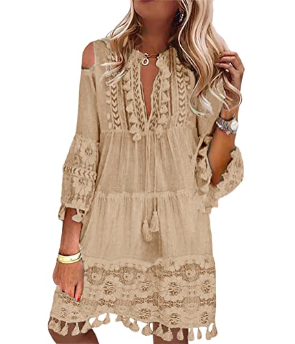 ORANDESIGNE Damen Langarm V-Ausschnitt Retro Sommer Spitzen Strandkleid Mini Kleider Boho Lose Sommerkleid Elegant Casual A-Linie Kleid B Khaki XL ORANDESIGNE Damen Langarm V-Ausschnitt Retro Sommer Spitzen Strandkleid Mini Kleider Boho Lose Sommerkleid Elegant Casual A-Linie Kleid B Khaki XL von ORANDESIGNE