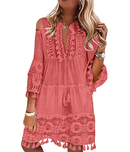 ORANDESIGNE Damen Langarm V-Ausschnitt Retro Sommer Spitzen Strandkleid Mini Kleider Boho Lose Sommerkleid Elegant Casual A-Linie Kleid B Rosa XXL von ORANDESIGNE