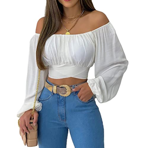 ORANDESIGNE Damen Langarmshirt Elegant Bluse Schulterfrei Tops Blumen Muster Bauchfrei Crop Tops Oberteile Bluse Elegant Oberteile Puffärmel Casual Lose Vintage Tunika Tops Hemd Pullover A Weiß S von ORANDESIGNE