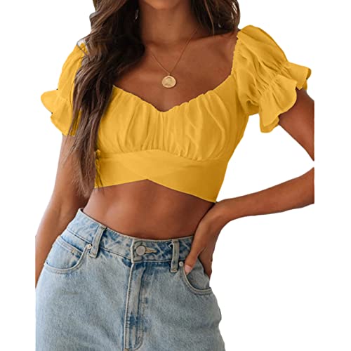 ORANDESIGNE Damen Langarmshirt Elegant Bluse Schulterfrei Tops Blumen Muster Bauchfrei Crop Tops Oberteile Bluse Elegant Oberteile Puffärmel Casual Lose Vintage Tunika Tops Hemd Pullover E Gelb S von ORANDESIGNE