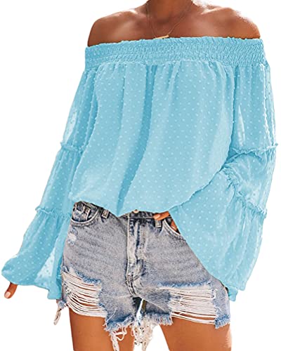 ORANDESIGNE Damen Langarmshirt Sommer Off Shoulder Oberteile Langarm Ausgestellte Ärmel Polka Dot Casual Tuniken Bluse T-Shirt Top Hellblau L von ORANDESIGNE