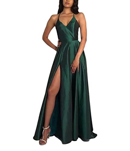 ORANDESIGNE Damen Lange Ballkleider Sexy Criss-Cross Neckholder Backless Abend Prom Kleider Frauen A-Linie Satin Spaghetti Seitenschlitz Brautjungfer Pageant Kleid B Grün S von ORANDESIGNE