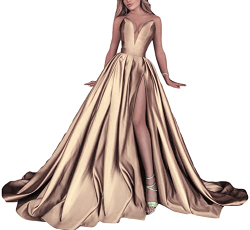ORANDESIGNE Damen Satin Kleid Drapiert Rückenfreies V-Ausschnitt Schlitz Elegante Großer Saum Maxikleid Abendkleid Ballkleid M Gold S von ORANDESIGNE