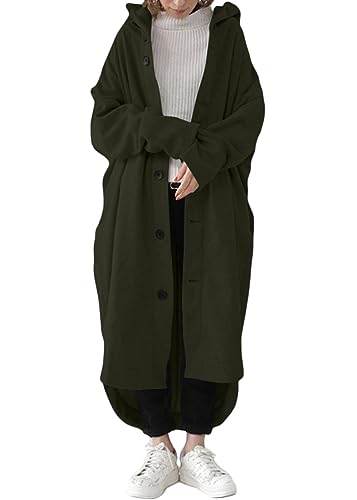 ORANDESIGNE Damen Lange Hoodie Knopf Sweatjacke Langarmshirt Kapuzenpullover Sweatshirtjacke Pullover Oberteile Kapuzenpullover mit Tasche A Armeegrün XXL von ORANDESIGNE