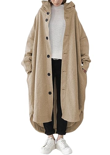ORANDESIGNE Damen Lange Hoodie Knopf Sweatjacke Langarmshirt Kapuzenpullover Sweatshirtjacke Pullover Oberteile Kapuzenpullover mit Tasche A Beige L von ORANDESIGNE
