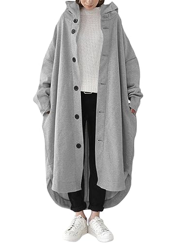 ORANDESIGNE Damen Lange Hoodie Knopf Sweatjacke Langarmshirt Kapuzenpullover Sweatshirtjacke Pullover Oberteile Kapuzenpullover mit Tasche A Grau XXL von ORANDESIGNE