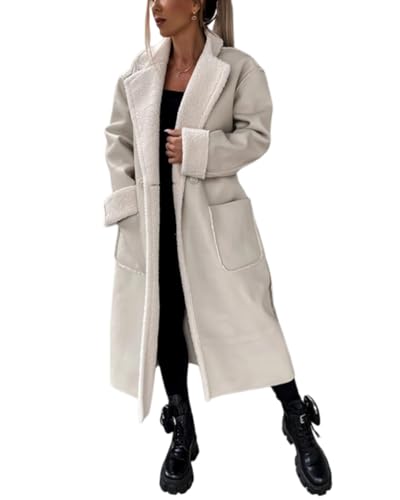 ORANDESIGNE Damen Lange Mäntel Umlegekragen Plüsch Patchwork Langarm Jacke Herbst Winter Kunstleder Woll Frauen Mäntel mit Gürtel Schwarz PU Lederjacken B Beige XL Streetwear von ORANDESIGNE