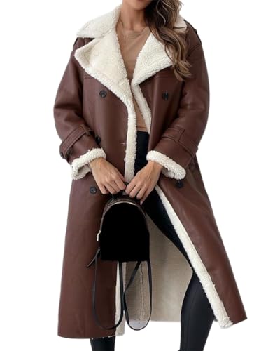 ORANDESIGNE Damen Lange Mäntel Umlegekragen Plüsch Patchwork Langarm Jacke Herbst Winter Kunstleder Woll Frauen Mäntel mit Gürtel Schwarz PU Lederjacken Streetwear A Kaffee XL von ORANDESIGNE