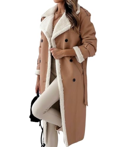 ORANDESIGNE Damen Lange Mäntel Umlegekragen Plüsch Patchwork Langarm Jacke Herbst Winter Kunstleder Woll Frauen Mäntel mit Gürtel Schwarz PU Lederjacken Streetwear A Khaki XS von ORANDESIGNE