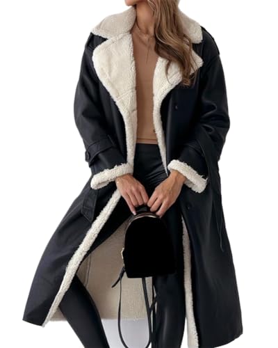 ORANDESIGNE Damen Lange Mäntel Umlegekragen Plüsch Patchwork Langarm Jacke Herbst Winter Kunstleder Woll Frauen Mäntel mit Gürtel Schwarz PU Lederjacken Streetwear A Schwarz M von ORANDESIGNE
