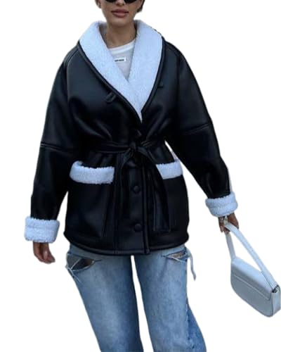 ORANDESIGNE Damen Lange Mäntel Umlegekragen Plüsch Patchwork Langarm Jacke Herbst Winter Kunstleder Woll Frauen Mäntel mit Gürtel Schwarz PU Lederjacken Streetwear C Schwarz M von ORANDESIGNE