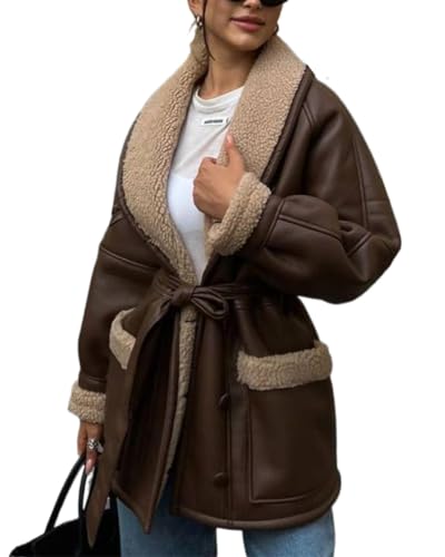 ORANDESIGNE Damen Lange Mäntel Umlegekragen Plüsch Patchwork Langarm Jacke Herbst Winter Kunstleder Woll Frauen Mäntel mit Gürtel Schwarz PU Lederjacken Streetwear M C Dunkelbraun von ORANDESIGNE