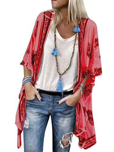 ORANDESIGNE Damen Lange Sommer Boho Strand Kimono Cardigan Bluse Blumen Tops Elegant Bikini Cover Up Oversize Strickjacke Outwear Pareo Rot 48 von ORANDESIGNE