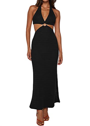 ORANDESIGNE Damen Lange Strickkleid Bikini Cutout Beach Crochet Cover Up Strandkleid Sommerkleid Strand Ärmellos Maxikleid Strandurlaub Abendkleider Elegant Casual Slim Fit C Schwarz L von ORANDESIGNE