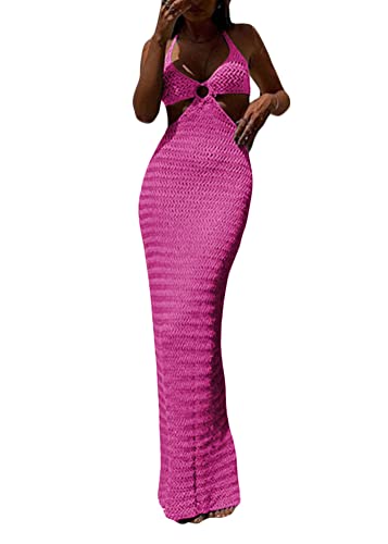 ORANDESIGNE Damen Lange Strickkleid Bikini Cutout Beach Crochet Cover Up Strandkleid Sommerkleid Strand Ärmellos Maxikleid Strandurlaub Abendkleider Elegant Casual Slim Fit F Rosenrot M von ORANDESIGNE