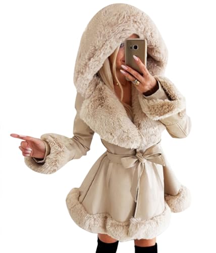 ORANDESIGNE Damen Langer Trenchcoat mit Gürtel Verdickter Fleece Parka B Beige XS Kunstleder und Wollimitat-Mischung von ORANDESIGNE