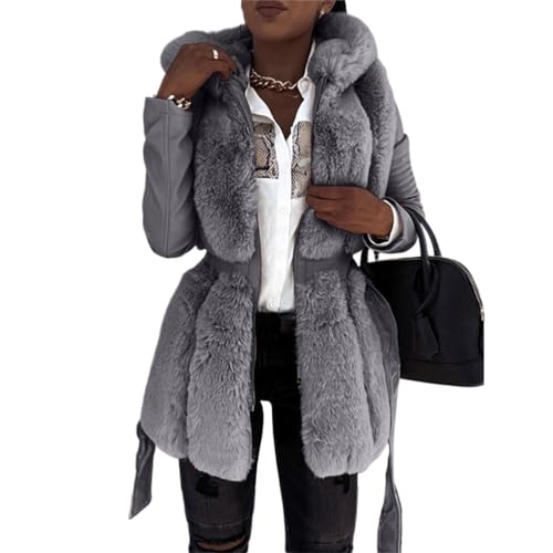 ORANDESIGNE Damen Langer Trenchcoat mit Gürtel Verdickter Fleece Parka Kunstleder und Wollimitat-Mischung E Grau S von ORANDESIGNE