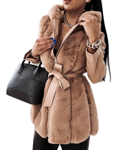 ORANDESIGNE Damen Langer Trenchcoat mit Gürtel Verdickter Fleece Parka Kunstleder und Wollimitat-Mischung E Khaki XS von ORANDESIGNE