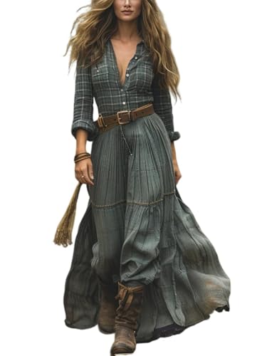 ORANDESIGNE Damen Langes Boho Kleid Vintage Rustikaler Stil V-Ausschnitt Kleid mit Blumenmuster Lässiges Maxikleid Frühling Langarm Blumenkleid Western Country Chiffonkleid A Grün M von ORANDESIGNE