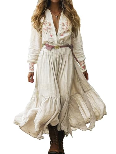 ORANDESIGNE Damen Langes Boho Kleid Vintage Rustikaler Stil V-Ausschnitt Kleid mit Blumenmuster Lässiges Maxikleid Frühling Langarm Blumenkleid Western Country Chiffonkleid B Aprikose XS von ORANDESIGNE