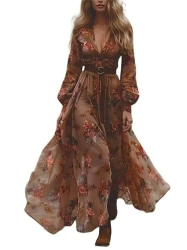 ORANDESIGNE Damen Langes Boho Kleid Vintage Rustikaler Stil V-Ausschnitt Kleid mit Blumenmuster Lässiges Maxikleid Frühling Langarm Blumenkleid Western Country Chiffonkleid E Braun S von ORANDESIGNE