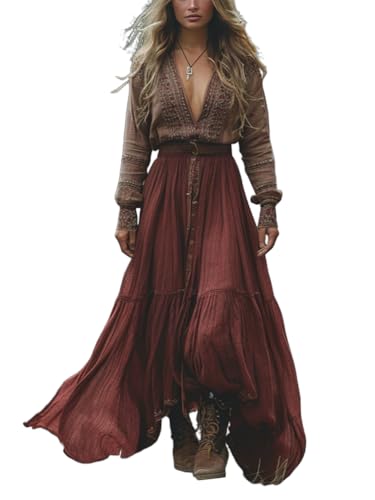 ORANDESIGNE Damen Langes Boho Kleid Vintage Rustikaler Stil V-Ausschnitt Kleid mit Blumenmuster Lässiges Maxikleid Frühling Langarm Blumenkleid Western Country Chiffonkleid M Dunkelrot XXL ORANDESIGNE Damen Langes Boho Kleid Vintage Rustikaler Stil V-Ausschnitt Kleid mit Blumenmuster Lässiges Maxikleid Frühling Langarm Blumenkleid Western Country Chiffonkleid M Dunkelrot XXL von ORANDESIGNE