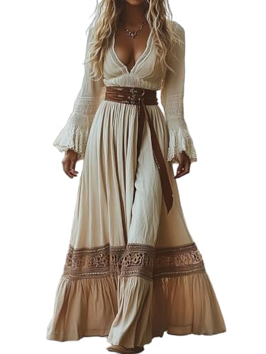 ORANDESIGNE Damen Langes Boho Kleid Vintage Rustikaler Stil V-Ausschnitt Kleid mit Blumenmuster Lässiges Maxikleid Frühling Langarm Blumenkleid Western Country Chiffonkleid M P Beige von ORANDESIGNE
