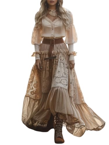 ORANDESIGNE Damen Langes Boho Kleid Vintage Rustikaler Stil V-Ausschnitt Kleid mit Blumenmuster Lässiges Maxikleid Frühling Langarm Blumenkleid Western Country Chiffonkleid U Aprikose M von ORANDESIGNE