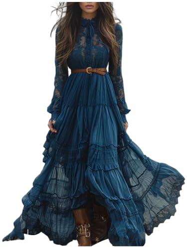 ORANDESIGNE Damen Langes Boho Kleid Vintage Rustikaler Stil V-Ausschnitt Kleid mit Blumenmuster Lässiges Maxikleid Frühling Langarm Blumenkleid Western Country Chiffonkleid X Blau XL von ORANDESIGNE
