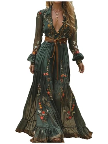 ORANDESIGNE Damen Langes Boho Kleid Vintage Rustikaler Stil V-Ausschnitt Kleid mit Blumenmuster Lässiges Maxikleid Frühling Langarm Blumenkleid Western Country Chiffonkleid XXL C Grün ORANDESIGNE Damen Langes Boho Kleid Vintage Rustikaler Stil V-Ausschnitt Kleid mit Blumenmuster Lässiges Maxikleid Frühling Langarm Blumenkleid Western Country Chiffonkleid XXL C Grün von ORANDESIGNE