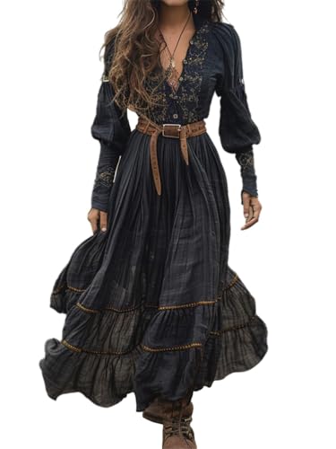 ORANDESIGNE Damen Langes Boho Kleid Vintage Rustikaler Stil V-Ausschnitt Kleid mit Blumenmuster Lässiges Maxikleid Frühling Langarm Blumenkleid Western Country Chiffonkleid XXL D Schwarz von ORANDESIGNE