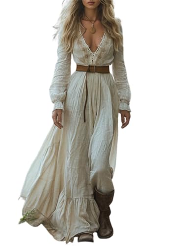 ORANDESIGNE Damen Langes Boho Kleid Vintage Rustikaler Stil V-Ausschnitt Kleid mit Blumenmuster Lässiges Maxikleid Frühling Langarm Blumenkleid Western Country Chiffonkleid Y Weiß L von ORANDESIGNE