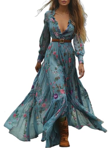 ORANDESIGNE Damen Langes Boho Kleid Vintage Rustikaler Stil V-Ausschnitt Kleid mit Blumenmuster Lässiges Maxikleid Frühling Langarm Blumenkleid Western Country G Blau Chiffonkleid M von ORANDESIGNE