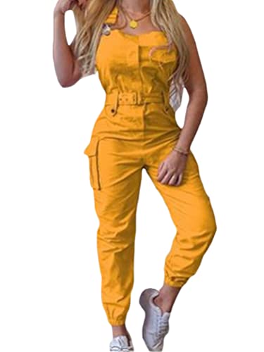 ORANDESIGNE Damen Latzhose Arbeitshose Lange Hose Overall Jumpsuit Playsuit Sommer Einfarbig Spielanzug Rompers A Gelb XS von ORANDESIGNE