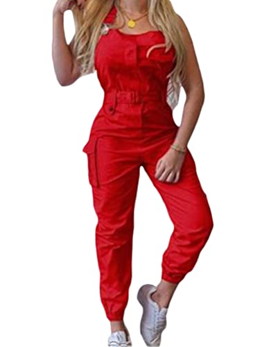 ORANDESIGNE Damen Latzhose Arbeitshose Lange Hose Overall Jumpsuit Playsuit Sommer Einfarbig Spielanzug Rompers A Rot M von ORANDESIGNE