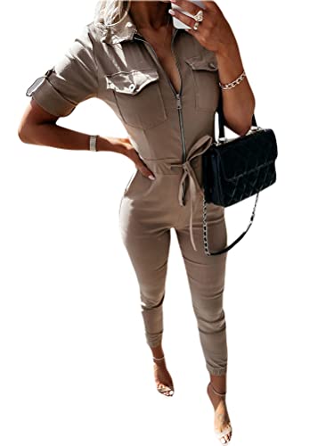 ORANDESIGNE Damen Latzhose Arbeitshose Lange Hose Overall Jumpsuit Playsuit Sommer Einfarbig Spielanzug Rompers D Khaki M von ORANDESIGNE