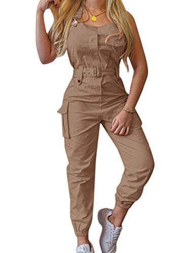 ORANDESIGNE Damen Latzhose Arbeitshose Lange Hose Overall Jumpsuit Playsuit Sommer Einfarbig Spielanzug Rompers Khaki M von ORANDESIGNE