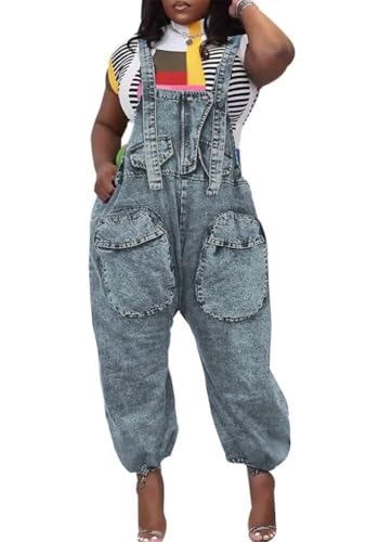 ORANDESIGNE Damen Latzhose Hippie Haremshose Goa Hose Boho 70er Jumpsuit Overall Stonewashed Catsuit D Blau L von ORANDESIGNE