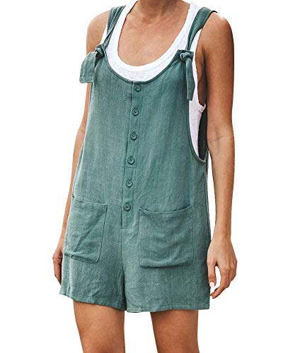 ORANDESIGNE Damen Latzhosen Baumwolle Leinen Shorts Retro Kurz Jumpsuit Verstellbarer Schultergurt Knopfdekoration Einfarbig Baggy Sommerhose Playsuit Jumpsuits Overalls Größe B Blau 3XL von ORANDESIGNE