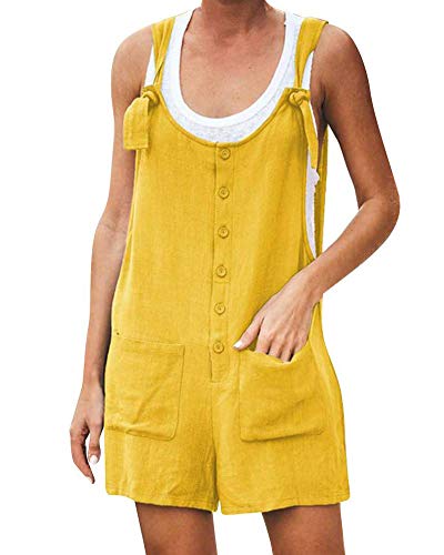 ORANDESIGNE Damen Latzhosen Baumwolle Leinen Shorts Retro Kurz Jumpsuit Verstellbarer Schultergurt Knopfdekoration Einfarbig Baggy Sommerhose Playsuit Jumpsuits Overalls Größe B Gelb M von ORANDESIGNE