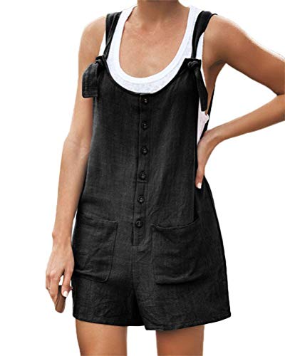 ORANDESIGNE Damen Latzhosen Baumwolle Leinen Shorts Retro Kurz Jumpsuit Verstellbarer Schultergurt Knopfdekoration Einfarbig Baggy Sommerhose Playsuit Jumpsuits Overalls Größe B Schwarz L von ORANDESIGNE