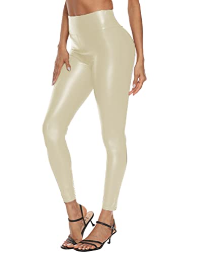 ORANDESIGNE Damen Leder Leggings Strumpfhosen Knöchellange Hose Klub PU Hose Komfort Hohe Taillenlinie Schlank Kunstleder Leggings Leder Look Treggins A Beige M von ORANDESIGNE