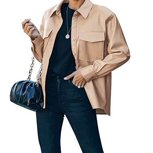 ORANDESIGNE Damen Lederhemd Knopfleiste PU Lederblazer Lederjacke Blusenjacke Langarm Einreiher Kunstleder Blusen mit Brusttasche A Khaki S von ORANDESIGNE
