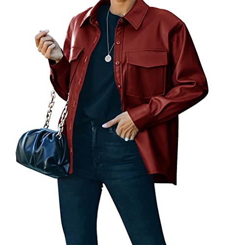 ORANDESIGNE Damen Lederhemd Knopfleiste PU Lederblazer Lederjacke Blusenjacke Langarm Einreiher Kunstleder Blusen mit Brusttasche A Rot XXL von ORANDESIGNE