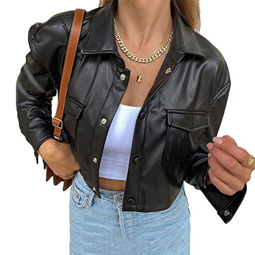 ORANDESIGNE Damen Lederhemd Y2K Retro Punk Übergroßer PU Lederblazer Lederjacke Gotische Blusenjacke Langarm Einreiher Kunstleder Blusen B Schwarz S von ORANDESIGNE