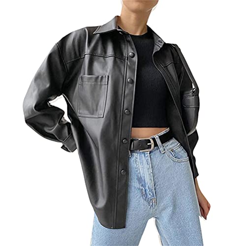 ORANDESIGNE Damen Lederhemd Y2K Retro Punk Übergroßer PU Lederblazer Lederjacke Gotische Blusenjacke Langarm Einreiher Kunstleder Blusen F Schwarz L von ORANDESIGNE