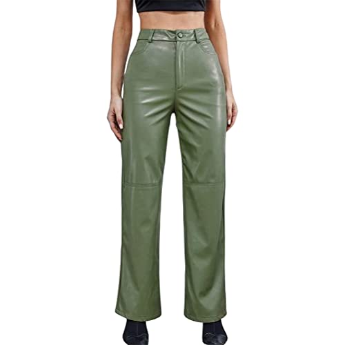 ORANDESIGNE Damen Lederhose Kunstlederhosen Jahrgang Y2k Freizeit Straight Fit Hosen mit Hoher Taille Schlank Hose C Grün M mit Weitem Bein E-Girl Streetwear von ORANDESIGNE